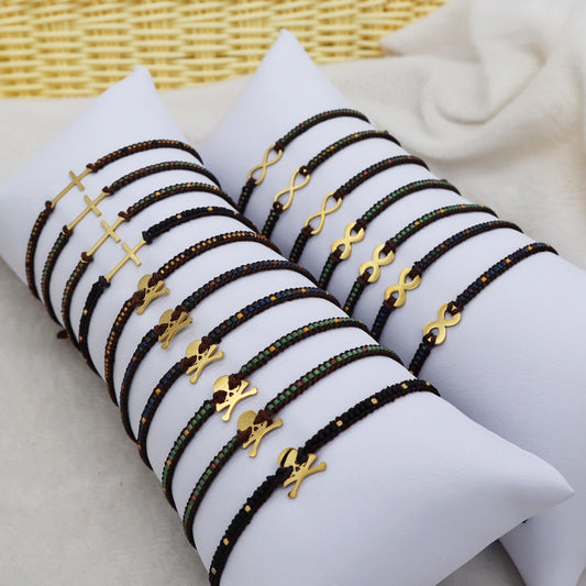 Custom  Miyuki Seed Beads Macrame Bracelet Jewelry Adjustable Woven Handmade Cross Skull Stainless Steel Charm Miyuki Bracelet