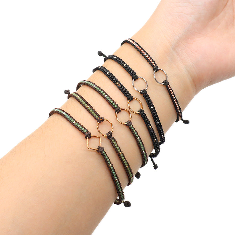 OEM Wholesale Customized Fashionable Women Handmade Jewelry Adjustable Braided Woven Macrame Miyuki Beads Silver Charm Bracelet