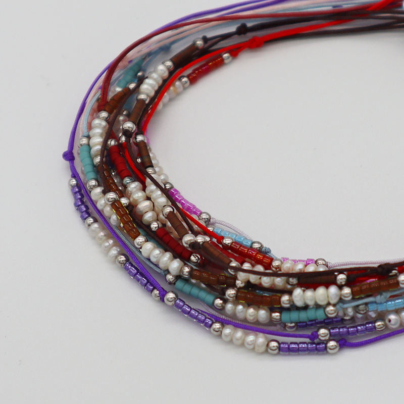 Custom Handmade Rope Thread Adjust Minimal Cute Girl Small Fresh Water Pearl 925 Silver Miyuki Beaded Bracelet