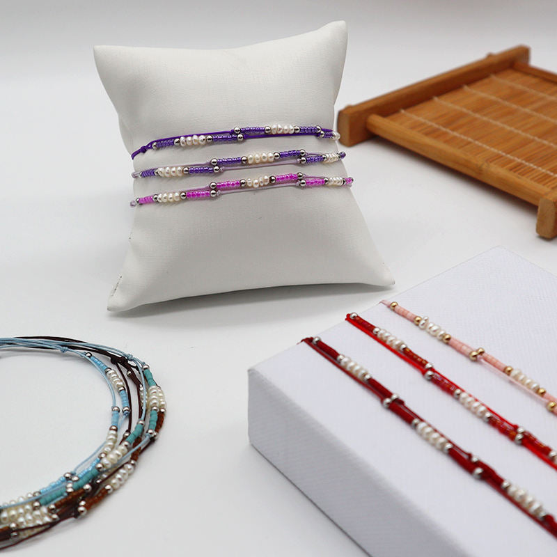 Custom Handmade Rope Thread Adjust Minimal Cute Girl Small Fresh Water Pearl 925 Silver Miyuki Beaded Bracelet