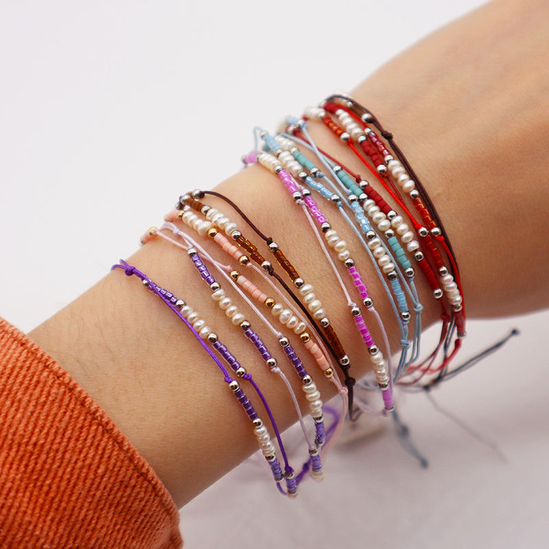 Custom Handmade Rope Thread Adjust Minimal Cute Girl Small Fresh Water Pearl 925 Silver Miyuki Beaded Bracelet