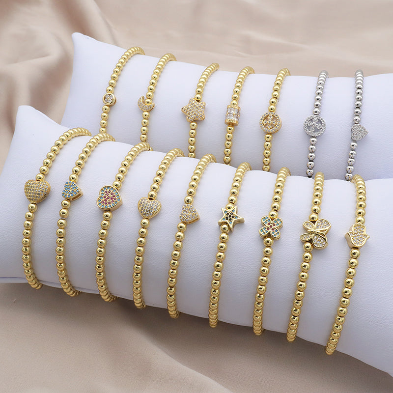 High Quality Pvd Plated Beads Women Jewelry 18k Gold Plated Beaded Hamsa Butterfly Star Heart Bracelets Bangle