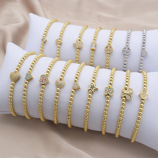 High Quality Pvd Plated Beads Women Jewelry 18k Gold Plated Beaded Hamsa Butterfly Star Heart Bracelets Bangle