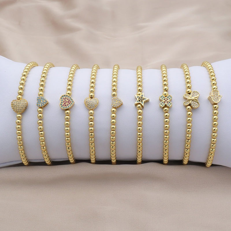 High Quality Pvd Plated Beads Women Jewelry 18k Gold Plated Beaded Hamsa Butterfly Star Heart Bracelets Bangle
