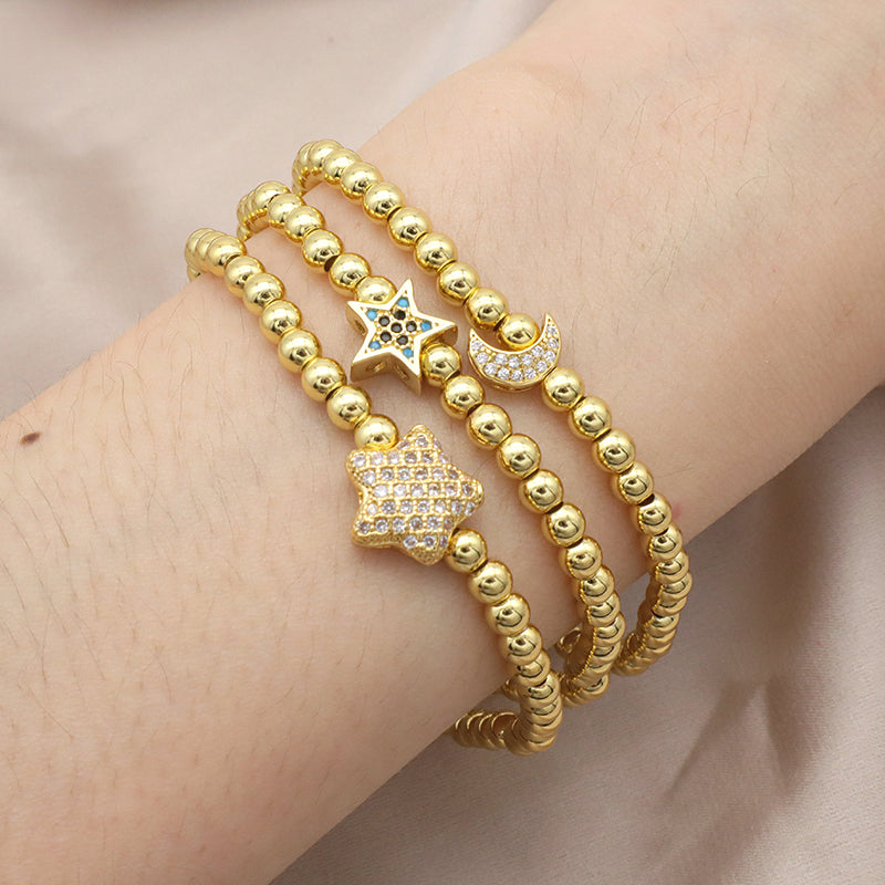High Quality Pvd Plated Beads Women Jewelry 18k Gold Plated Beaded Hamsa Butterfly Star Heart Bracelets Bangle