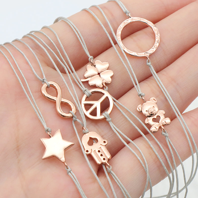 Custom Trendy Woman Girl Jewelry Rose-gold Plating Star Plane Circle Bear Adjustable 925 Sterling Silver Small Charms  Bracelets