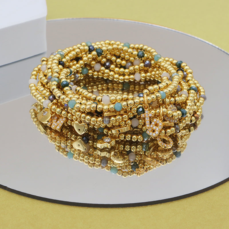 Custom Handmade Women Jewelry Gold Plated Bangles Heart Moon Cross Initial Letter Charm Brass Ball Glass Crystal Bracelets