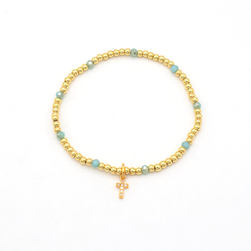 Custom Handmade Women Jewelry Gold Plated Bangles Heart Moon Cross Initial Letter Charm Brass Ball Glass Crystal Bracelets