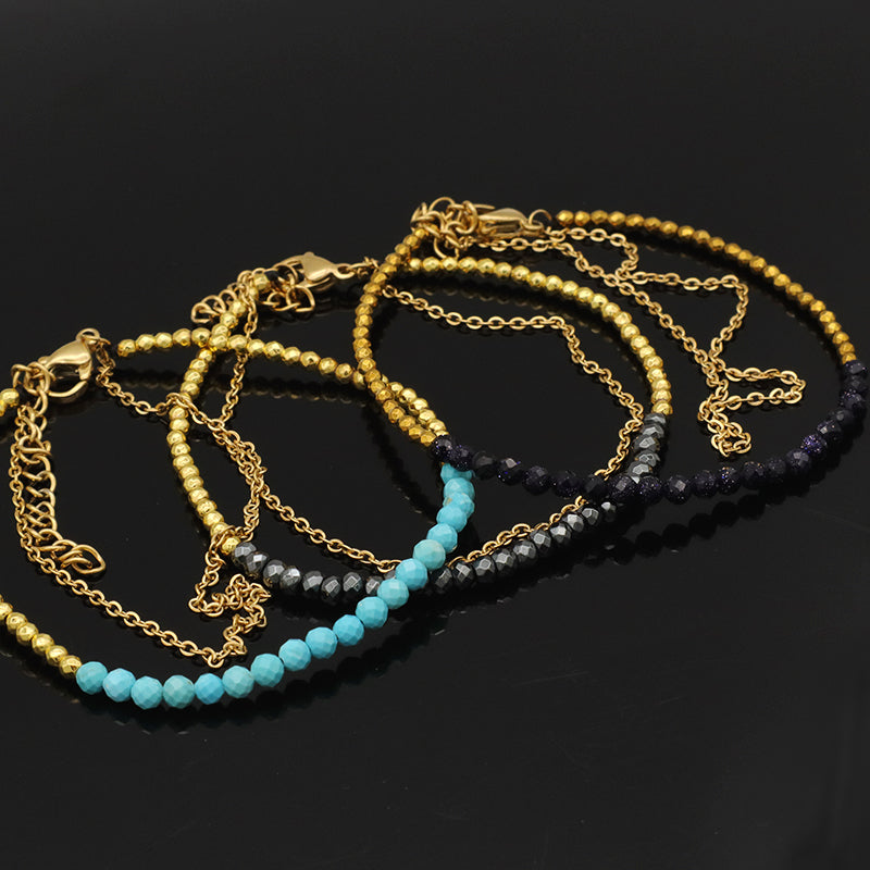 Handmade Double Layer beaded bracelet jewelry Gold Plated Stainless steel chain natural stone beads bracelet for teen girl women