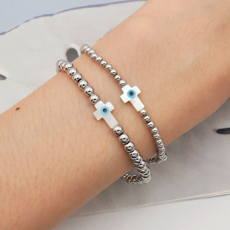 Newest Wholesale Evils Eye Beaded Bracelet stainless steel beads Shell Cross Bracelet For Teen Girl Women