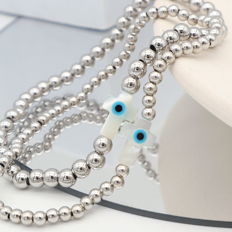 Newest Wholesale Evils Eye Beaded Bracelet stainless steel beads Shell Cross Bracelet For Teen Girl Women