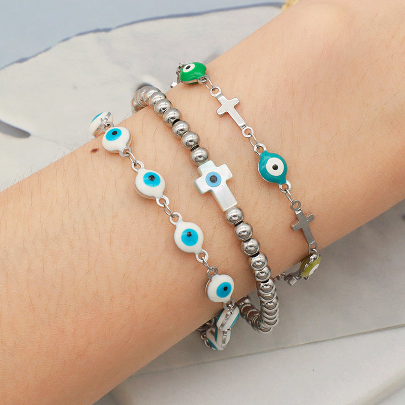 Newest Wholesale Evils Eye Beaded Bracelet stainless steel beads Shell Cross Bracelet For Teen Girl Women