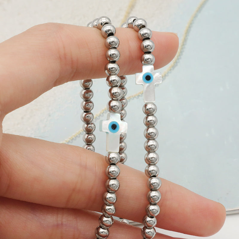 Newest Wholesale Evils Eye Beaded Bracelet stainless steel beads Shell Cross Bracelet For Teen Girl Women