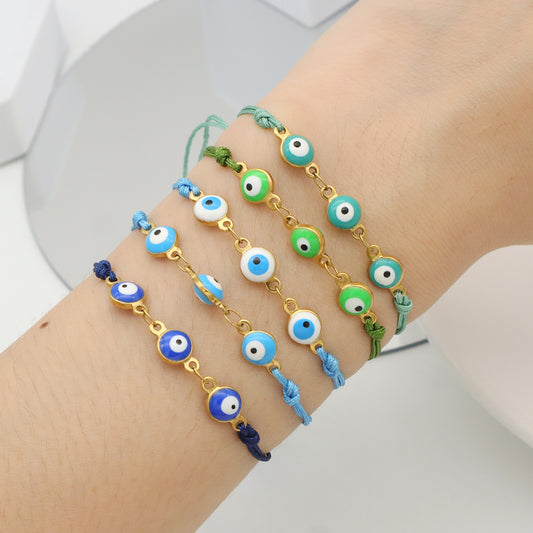 Handmade Customizable 6mm round enamel evil eyes stainless steel bracelet with cotton wire