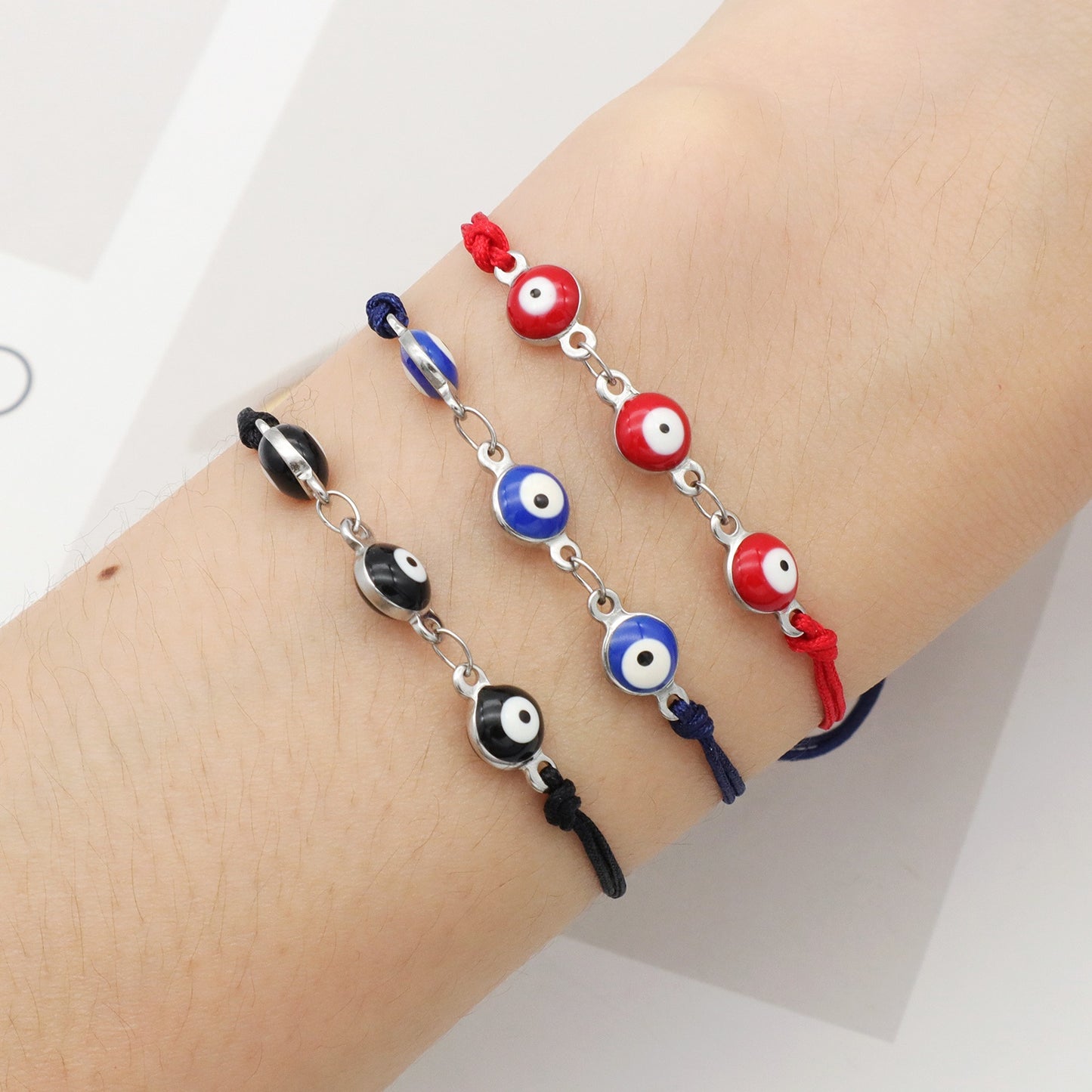 Handmade Customizable 6mm round enamel evil eyes stainless steel bracelet with cotton wire