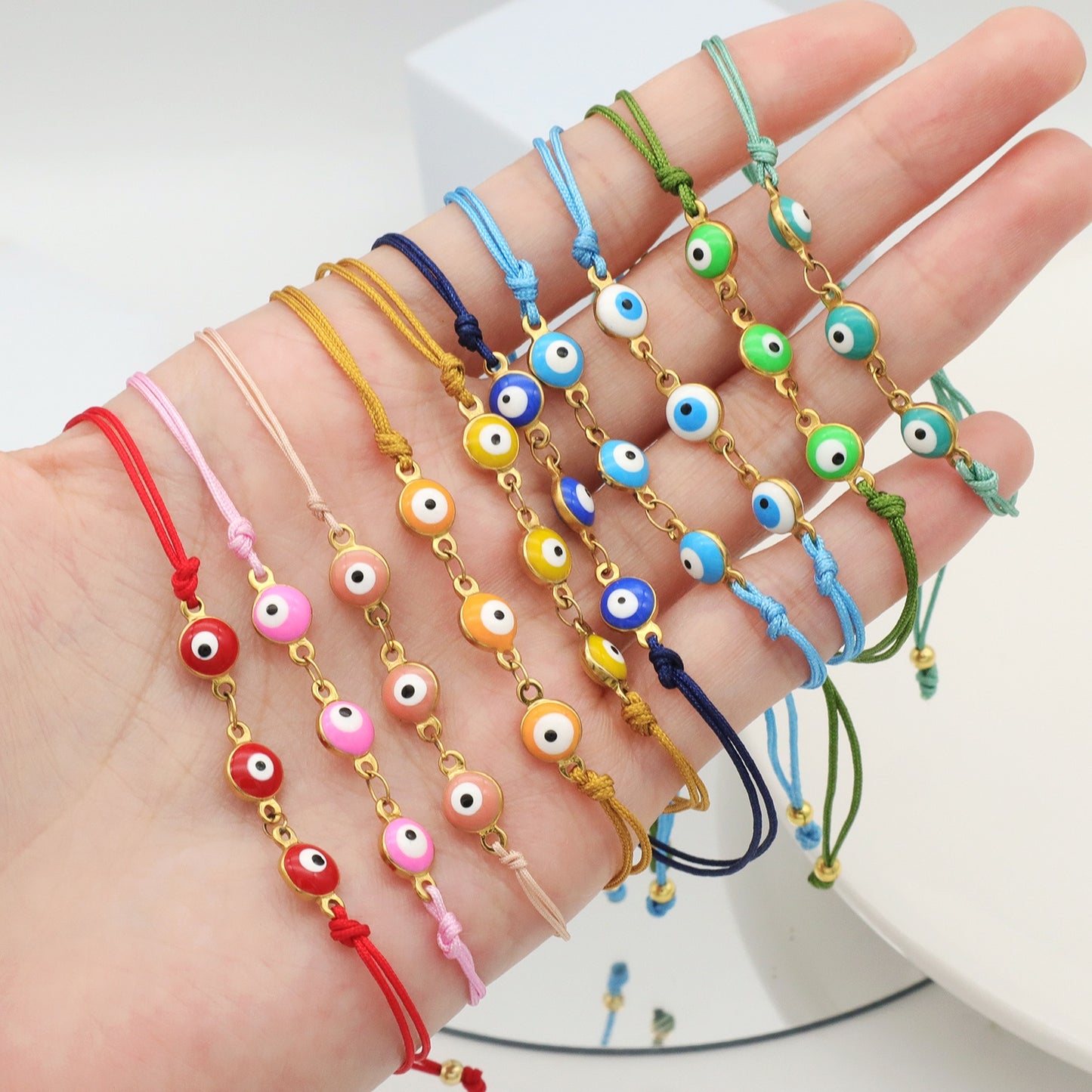 Handmade Customizable 6mm round enamel evil eyes stainless steel bracelet with cotton wire