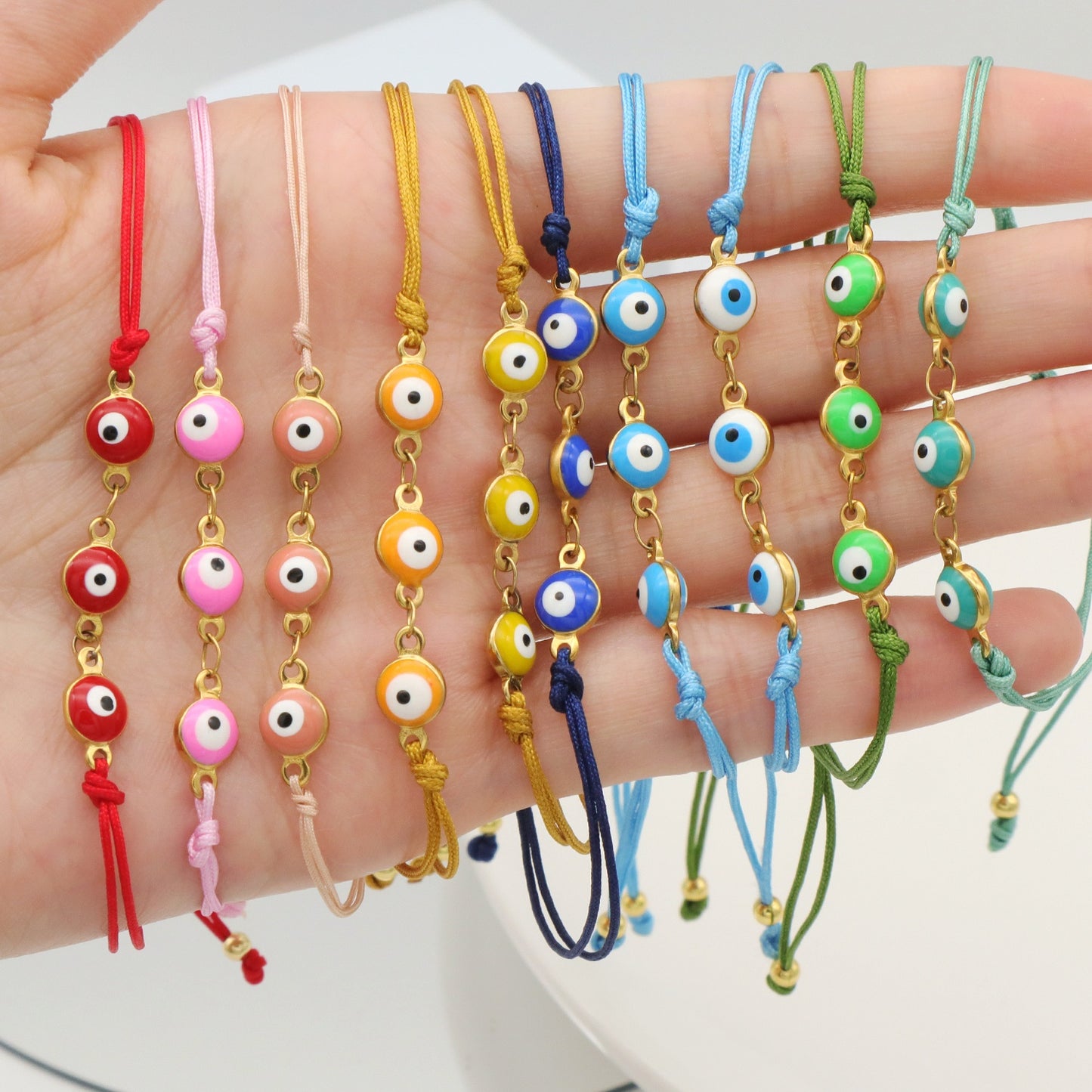 Handmade Customizable 6mm round enamel evil eyes stainless steel bracelet with cotton wire