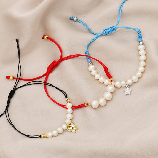 OEM Wholesale Manufacture Lady Jewelry Custom String Gold Plated beaded freshwater pearl Butterfly Charm Woven Handmade bracelet