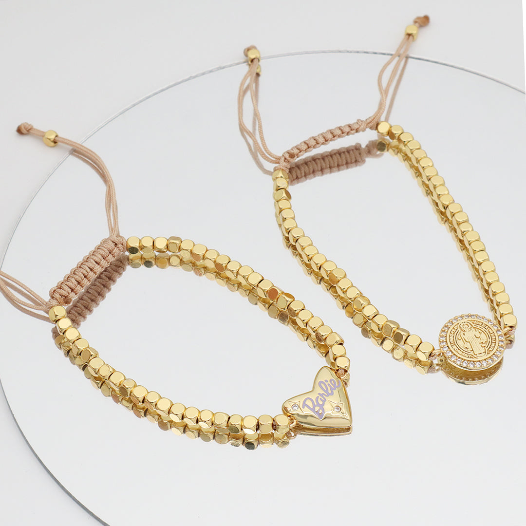 Manufacture Customized Women Jewelry OEM Handmade Gold Plated CZ Enamel Heart Charm 3mm Brass Square beaded bracelet