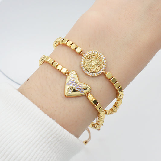 Manufacture Customized Women Jewelry OEM Handmade Gold Plated CZ Enamel Heart Charm 3mm Brass Square beaded bracelet