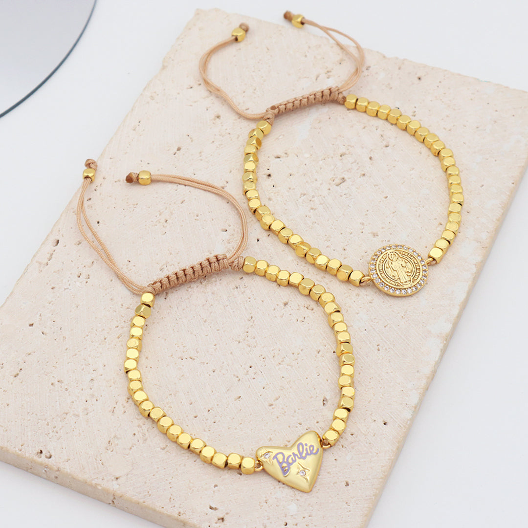 Manufacture Customized Women Jewelry OEM Handmade Gold Plated CZ Enamel Heart Charm 3mm Brass Square beaded bracelet