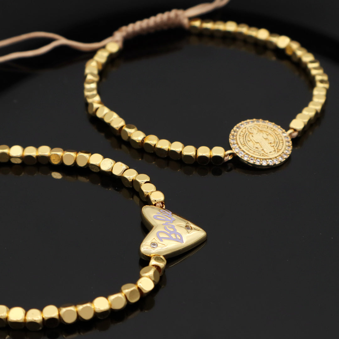 Manufacture Customized Women Jewelry OEM Handmade Gold Plated CZ Enamel Heart Charm 3mm Brass Square beaded bracelet