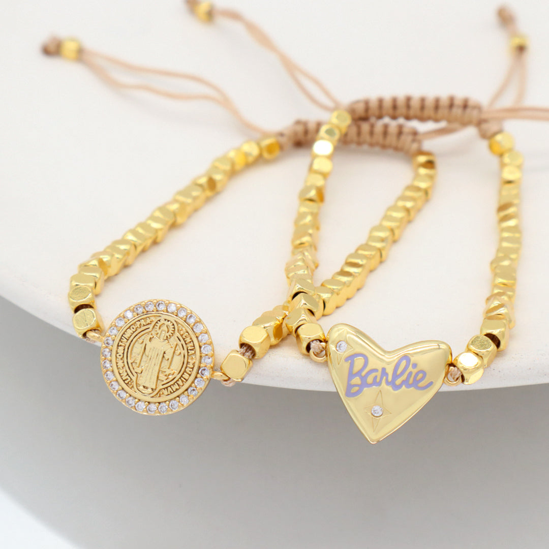 Manufacture Customized Women Jewelry OEM Handmade Gold Plated CZ Enamel Heart Charm 3mm Brass Square beaded bracelet