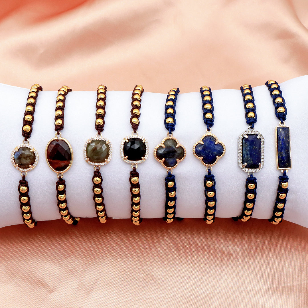 Manufacture Adjustable 4mm Brass Beads Woven Bracelet Factory Custom Women OEM Handmade Gold Plated Natural Stone Charm Bracelet