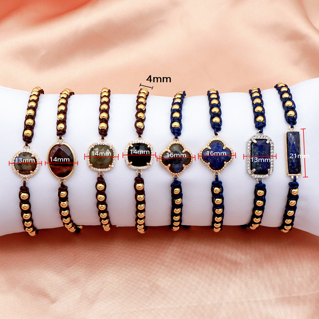 Manufacture Adjustable 4mm Brass Beads Woven Bracelet Factory Custom Women OEM Handmade Gold Plated Natural Stone Charm Bracelet