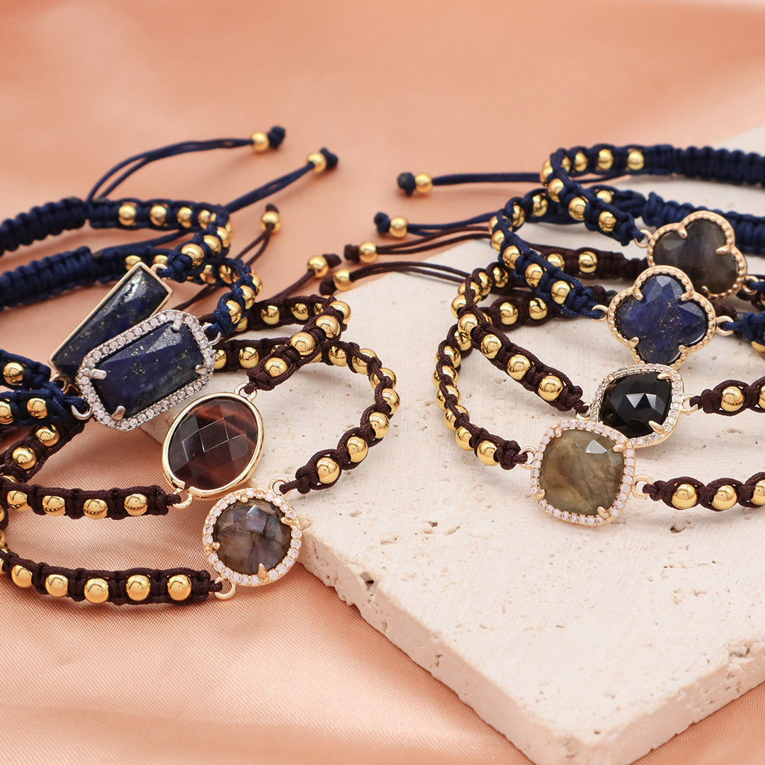 Manufacture Adjustable 4mm Brass Beads Woven Bracelet Factory Custom Women OEM Handmade Gold Plated Natural Stone Charm Bracelet