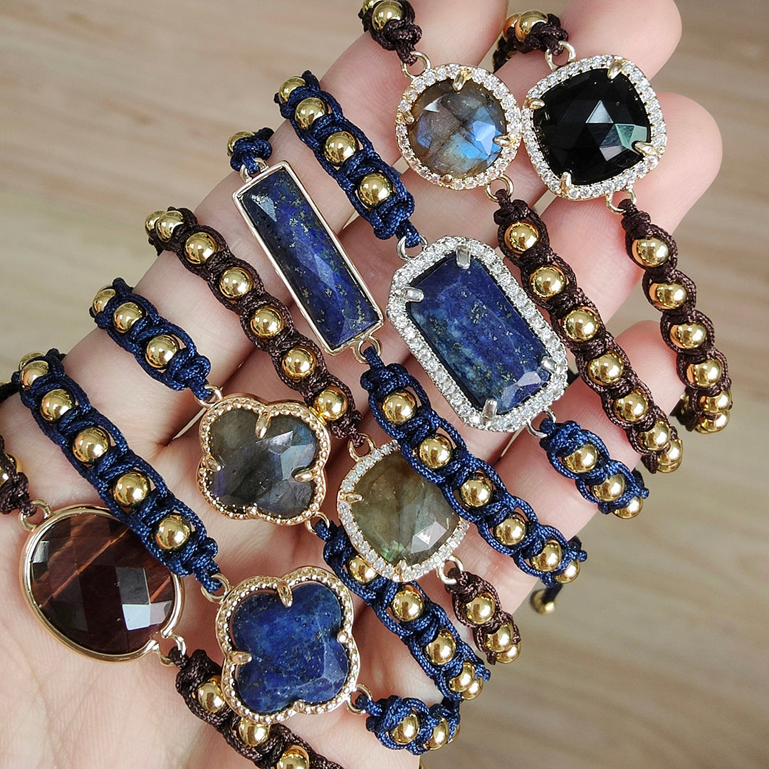 Manufacture Adjustable 4mm Brass Beads Woven Bracelet Factory Custom Women OEM Handmade Gold Plated Natural Stone Charm Bracelet