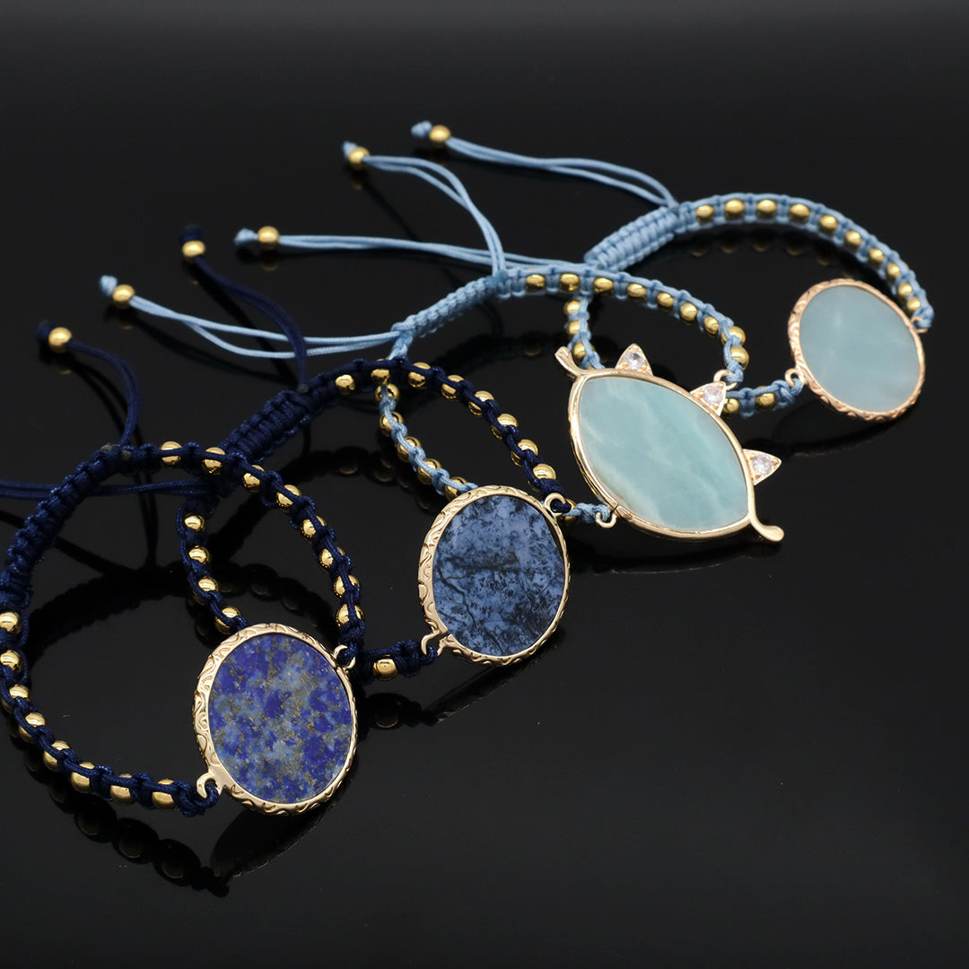 Custom Factory Blue Handmade Woven Friendship Gold plated 4mm Beaded OEM Natural Stone Charm bracelets for women jewelry beads