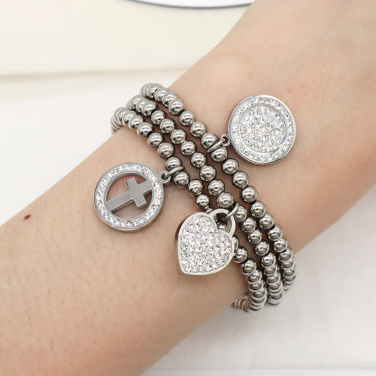 Wholesale Factory Custom Diy Micro Pave CZ No Tarnish 4mm stainless steel beads Heart Cross Charm Bracelet For Teen Girl Women