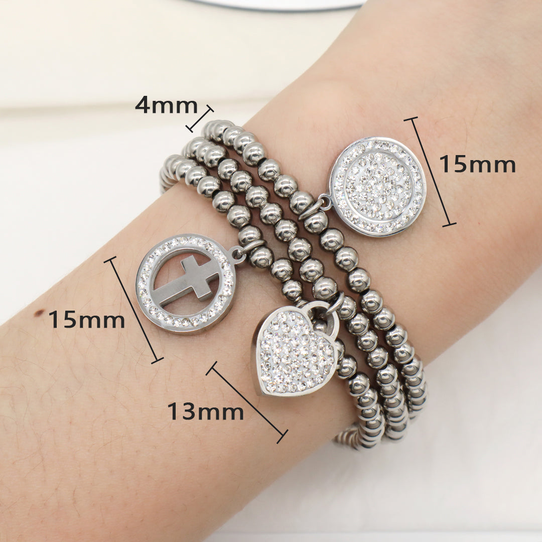 Wholesale Factory Custom Diy Micro Pave CZ No Tarnish 4mm stainless steel beads Heart Cross Charm Bracelet For Teen Girl Women