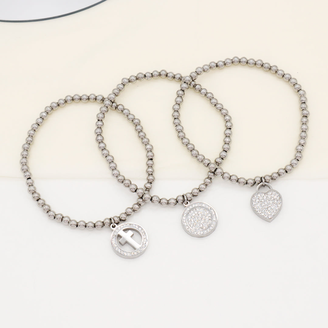 Wholesale Factory Custom Diy Micro Pave CZ No Tarnish 4mm stainless steel beads Heart Cross Charm Bracelet For Teen Girl Women