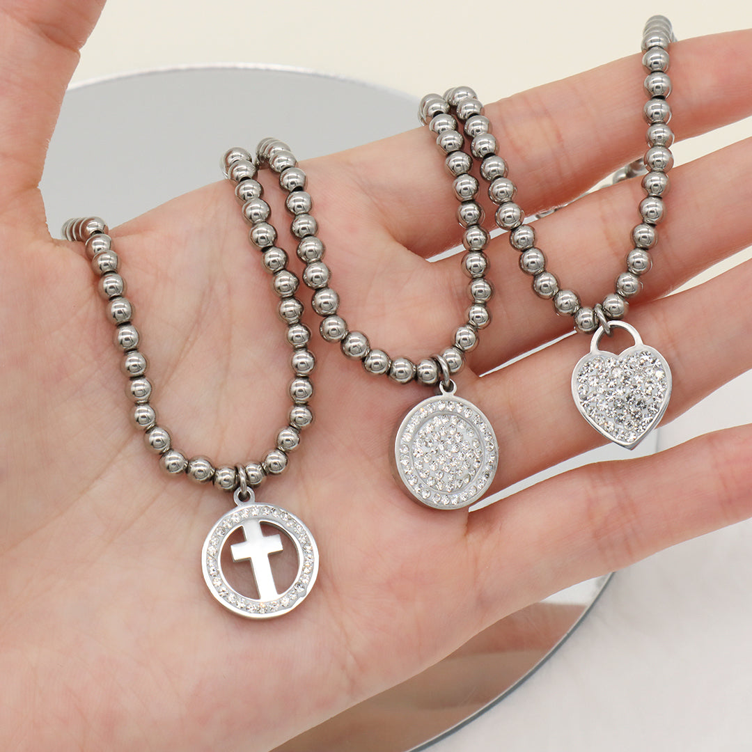 Wholesale Factory Custom Diy Micro Pave CZ No Tarnish 4mm stainless steel beads Heart Cross Charm Bracelet For Teen Girl Women
