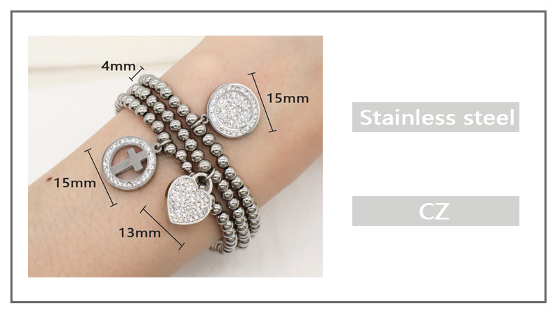 Wholesale Factory Custom Diy Micro Pave CZ No Tarnish 4mm stainless steel beads Heart Cross Charm Bracelet For Teen Girl Women