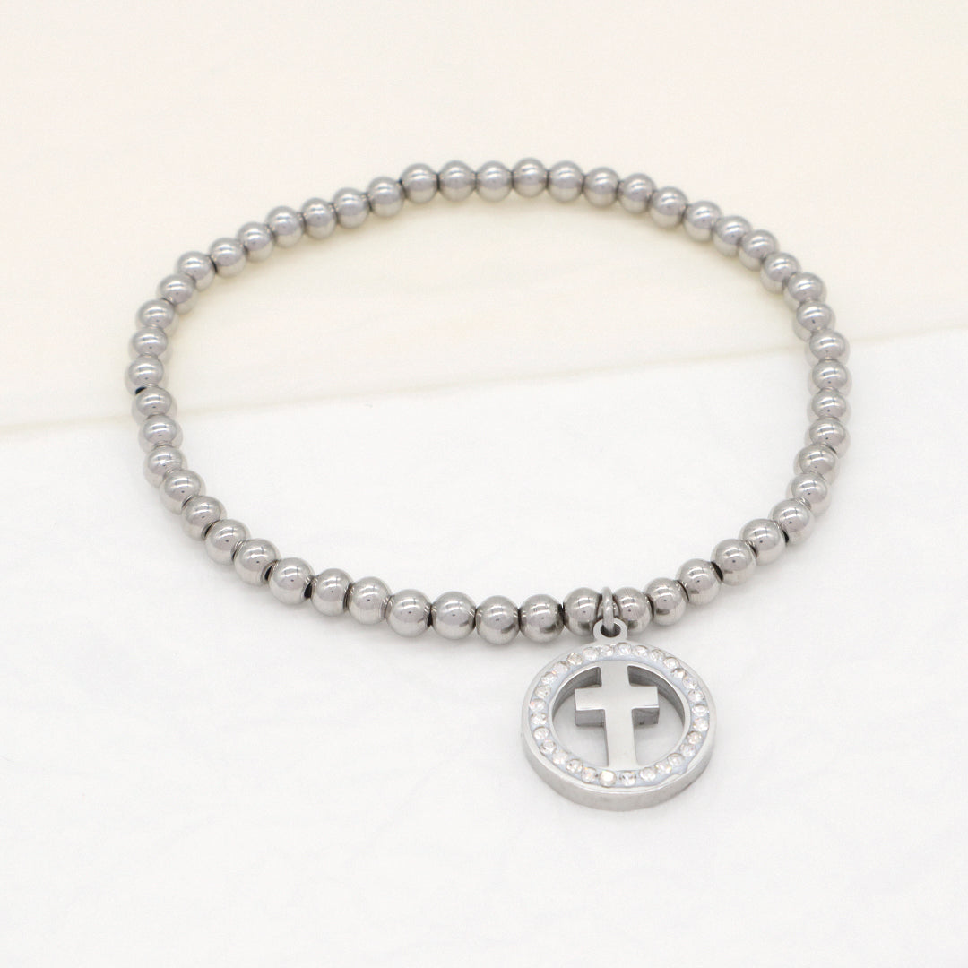 Wholesale Factory Custom Diy Micro Pave CZ No Tarnish 4mm stainless steel beads Heart Cross Charm Bracelet For Teen Girl Women