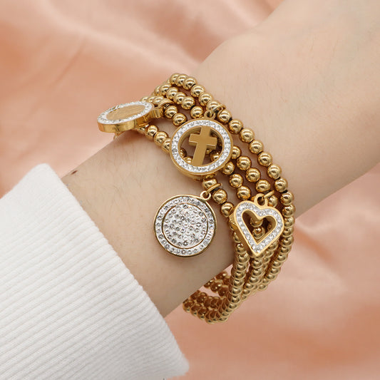 OEM Custom Diy Wholesale Factory Handmade Gold Plated 4mm Stainless Steel Beaded Heart Round Cross Charm Bracelet For Women Gift