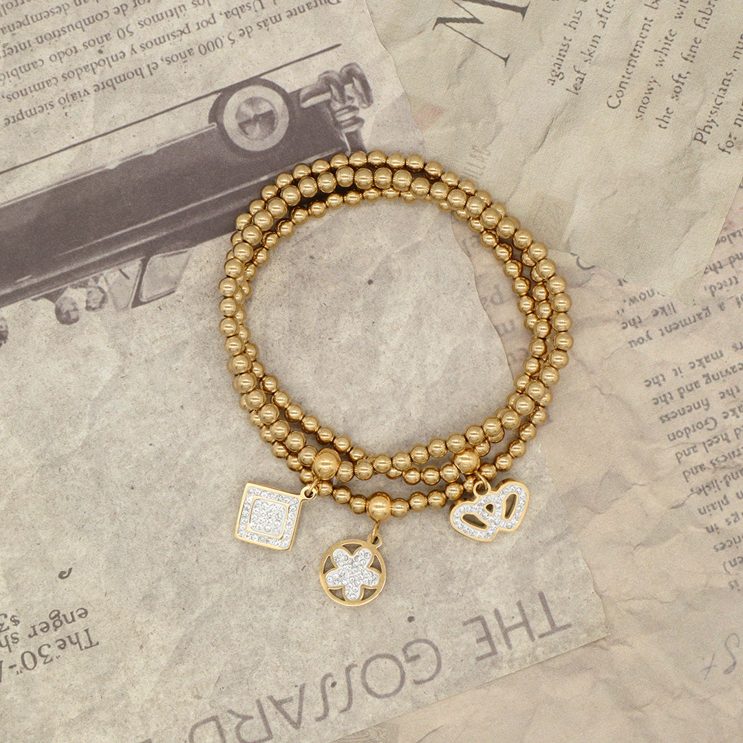Custom Diy Wholesale Factory Handmade Gold Plated 4mm Stainless Steel Beaded Square Flower Crown Charm Bracelet For Women Gift