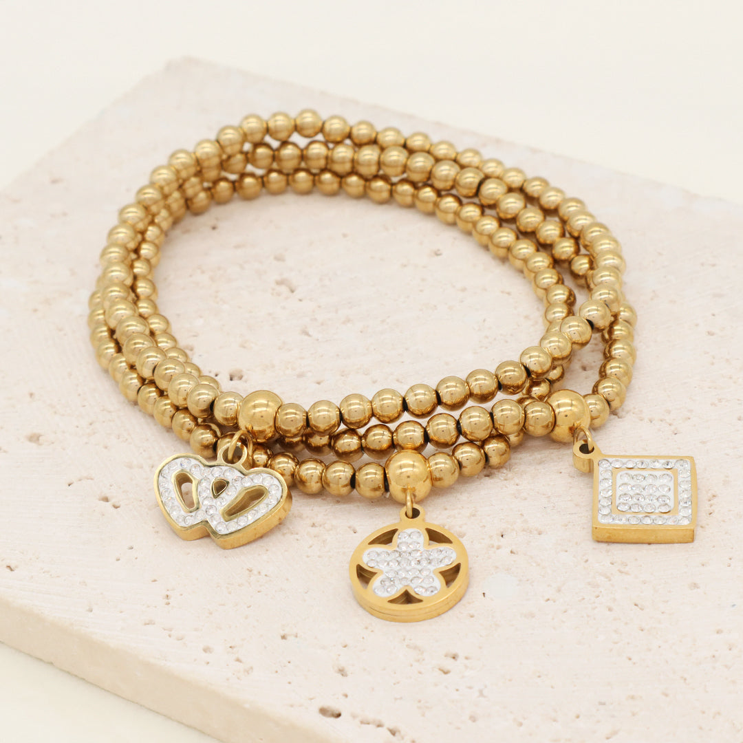 Custom Diy Wholesale Factory Handmade Gold Plated 4mm Stainless Steel Beaded Square Flower Crown Charm Bracelet For Women Gift