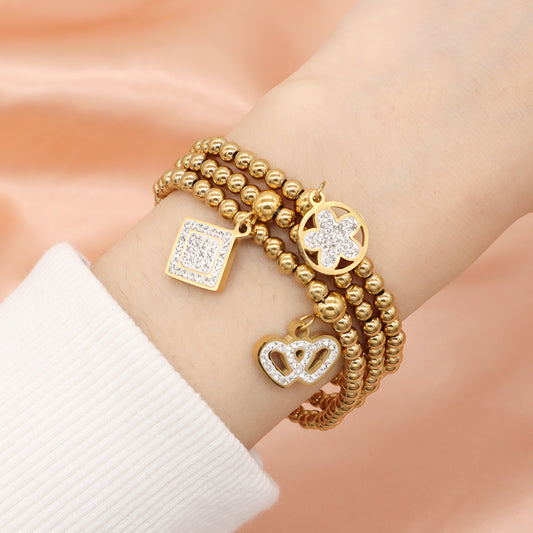 Custom Diy Wholesale Factory Handmade Gold Plated 4mm Stainless Steel Beaded Square Flower Crown Charm Bracelet For Women Gift