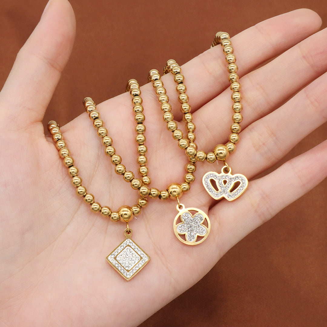 Custom Diy Wholesale Factory Handmade Gold Plated 4mm Stainless Steel Beaded Square Flower Crown Charm Bracelet For Women Gift