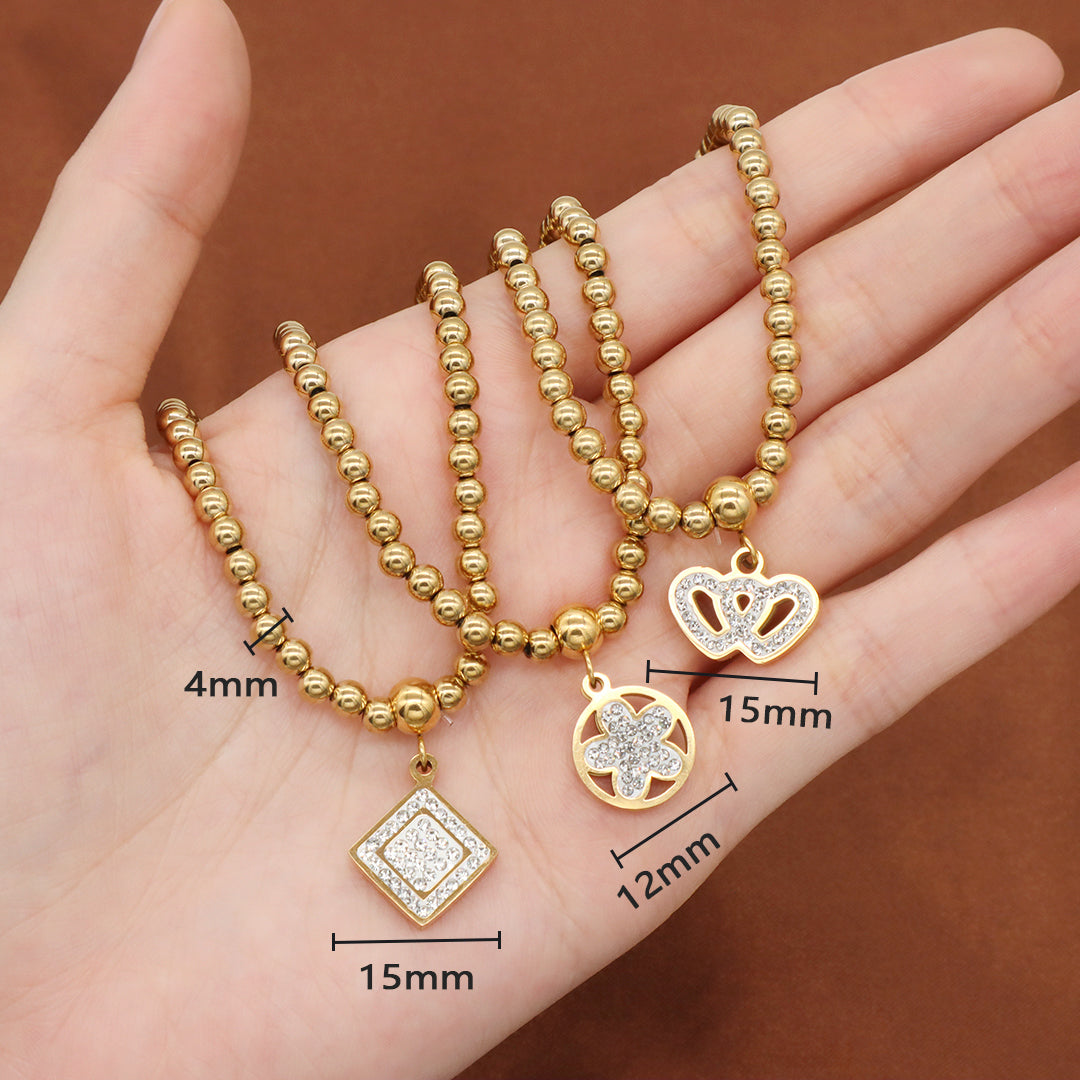 Custom Diy Wholesale Factory Handmade Gold Plated 4mm Stainless Steel Beaded Square Flower Crown Charm Bracelet For Women Gift