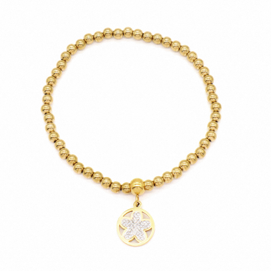 Custom Diy Wholesale Factory Handmade Gold Plated 4mm Stainless Steel Beaded Square Flower Crown Charm Bracelet For Women Gift