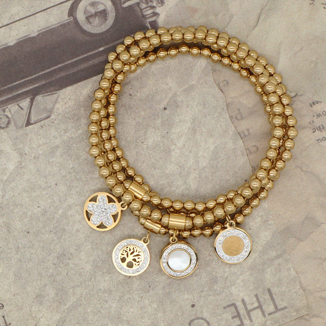 Wholesale Custom Diy Handmade CZ Flower Family Tree Charm Gold Plated 4mm Stainless Steel Beaded Bracelet for Teen Girl Women