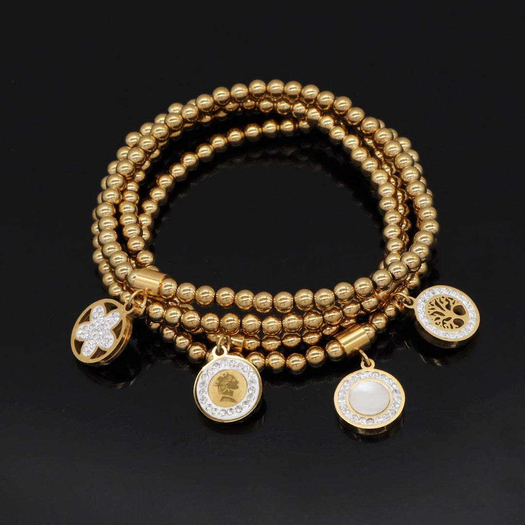 Wholesale Custom Diy Handmade CZ Flower Family Tree Charm Gold Plated 4mm Stainless Steel Beaded Bracelet for Teen Girl Women