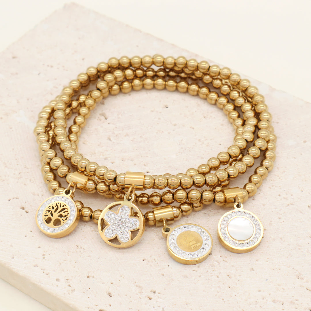 Wholesale Custom Diy Handmade CZ Flower Family Tree Charm Gold Plated 4mm Stainless Steel Beaded Bracelet for Teen Girl Women