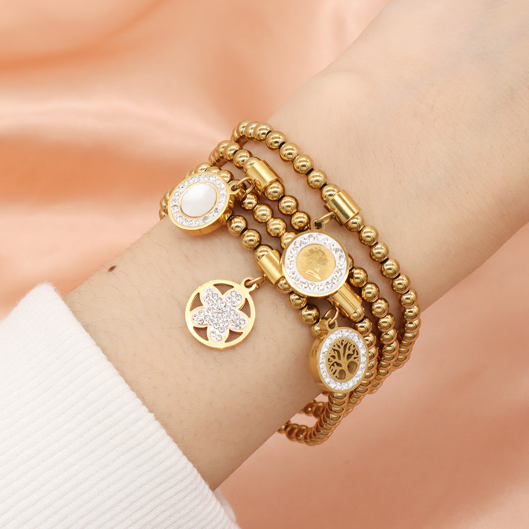 Wholesale Custom Diy Handmade CZ Flower Family Tree Charm Gold Plated 4mm Stainless Steel Beaded Bracelet for Teen Girl Women