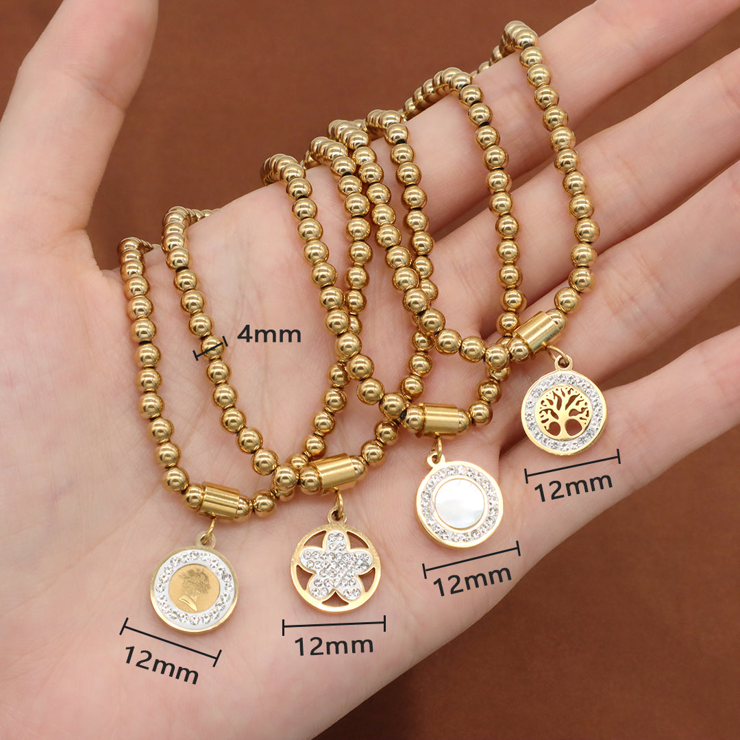 Wholesale Custom Diy Handmade CZ Flower Family Tree Charm Gold Plated 4mm Stainless Steel Beaded Bracelet for Teen Girl Women